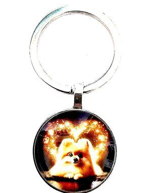 Pomeranian Dog Keychain Cute Puppy Heart Glow Glass Charm Pet Lover Gift